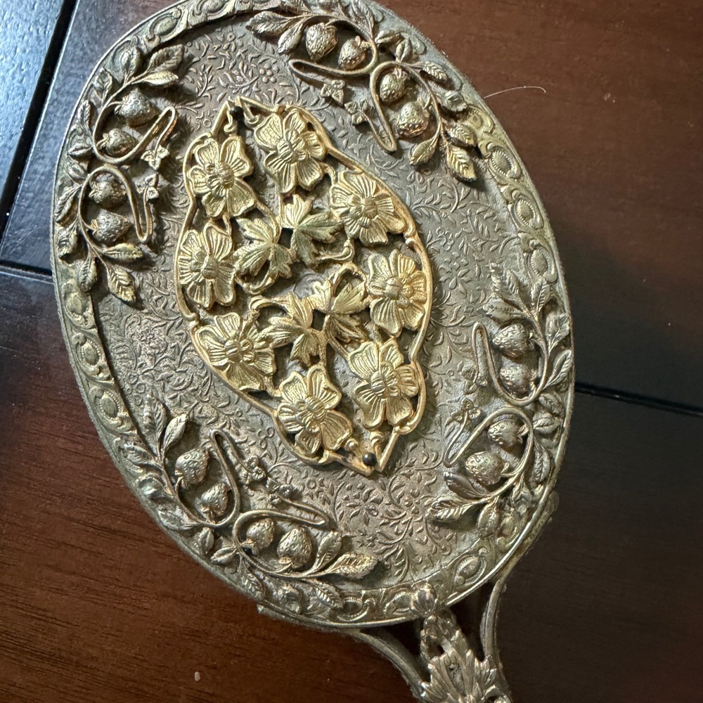Vintage Gold Tone Filigree Hair Brush Ornate Victorian Floral Vanity Decor 10in